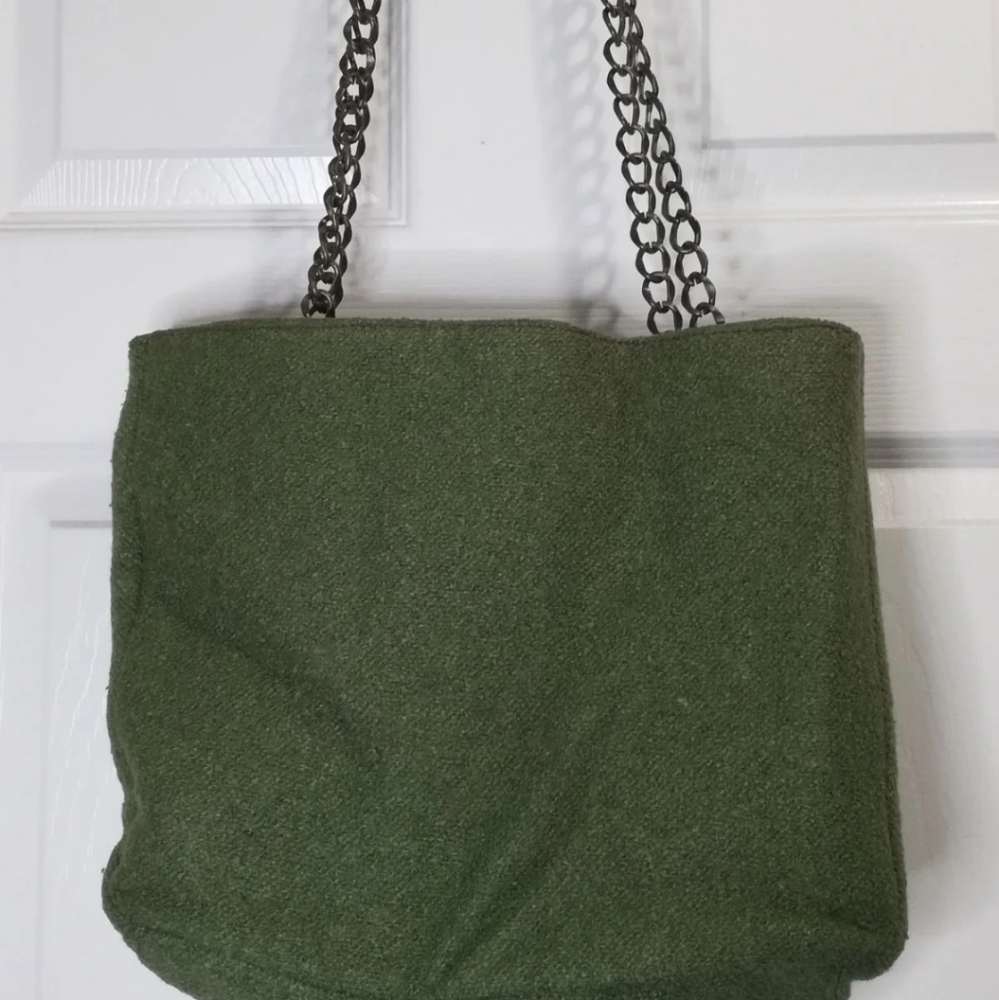 Vintage Goldie Green Tweed Purse Chain Straps Shoulder Bag - Picture 4 of 5